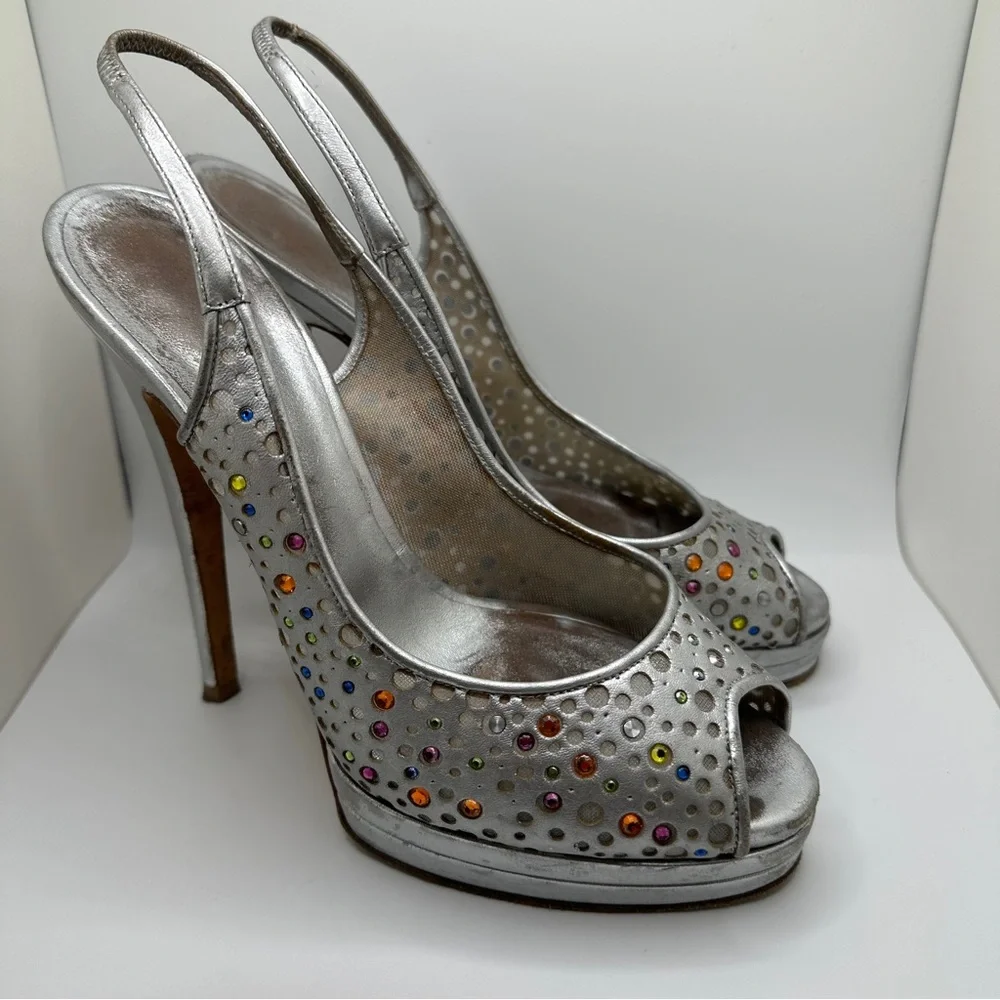 Casadei Women’s Slingback Heels‎ Womens Sandal Silver Multi Strass Size 8